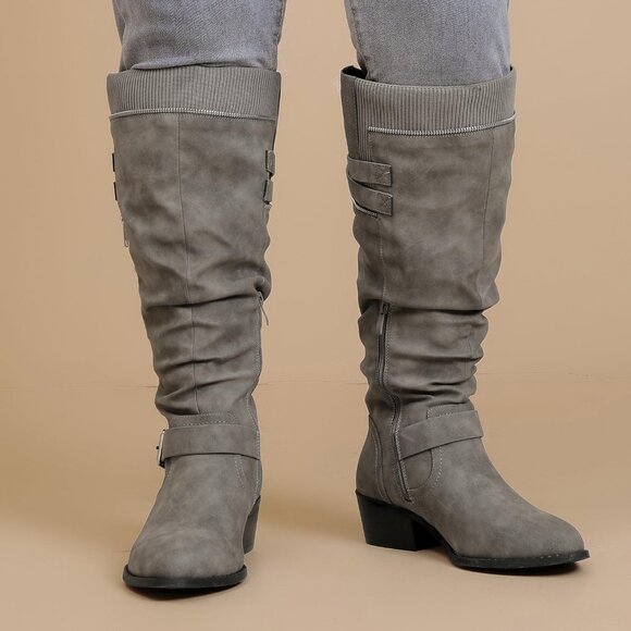 ⚡Women's Grey Extra Wide Calf Knee High Boots Knee High Boots Low Stacked Heel - Picture 6 of 6